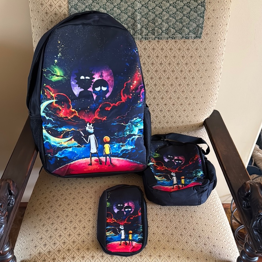 3PC Rick and Morty Galaxy Backpack Set insulated lunch bag & Accessories bag NEW